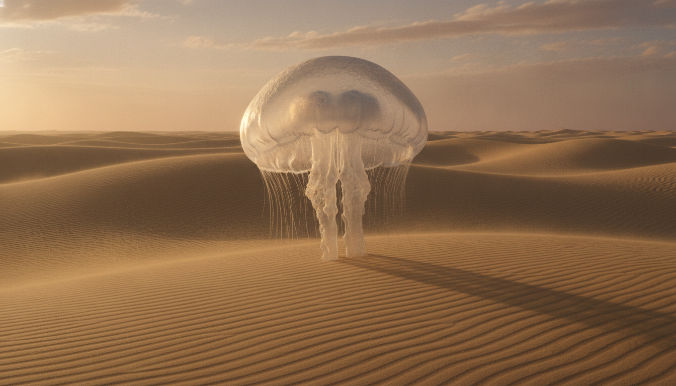 AI-generated jellyfish floating above desert dunes