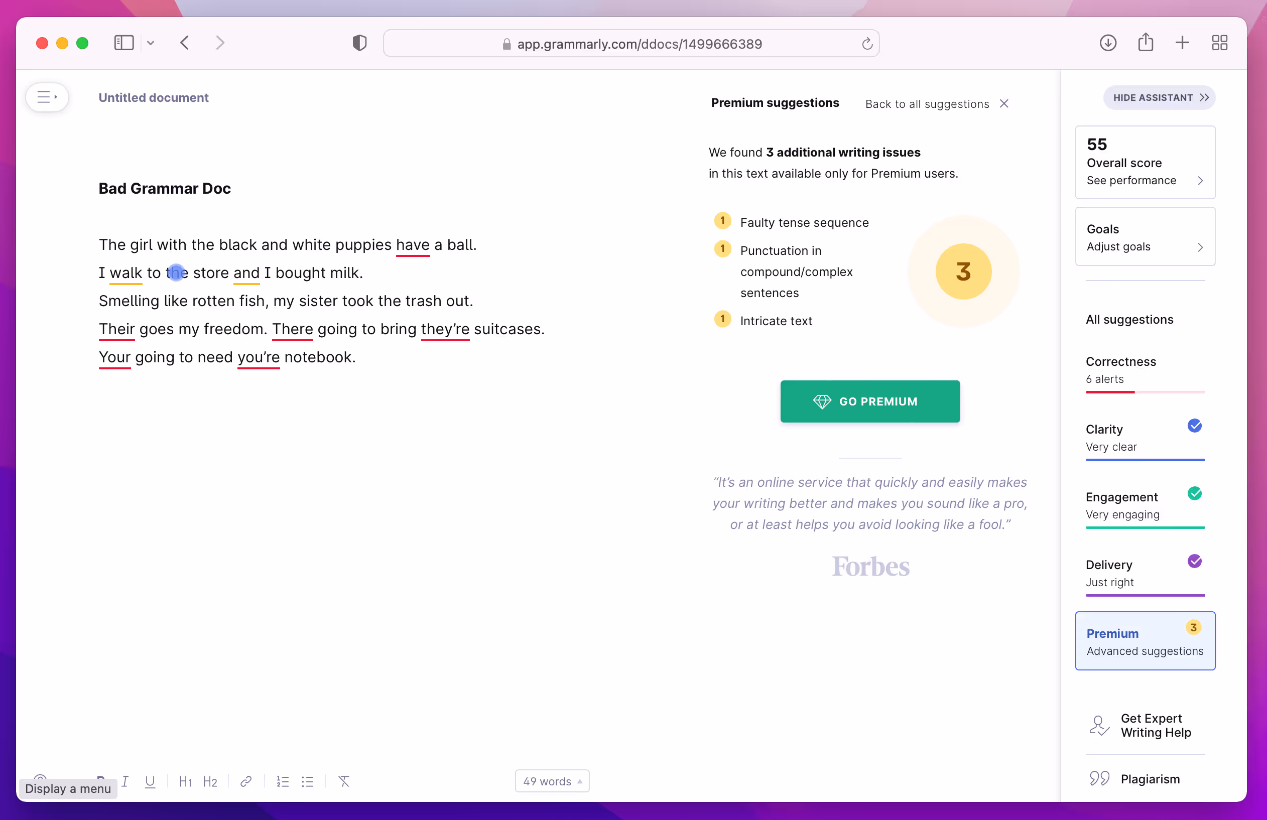 a screenshot showing grammarly in action