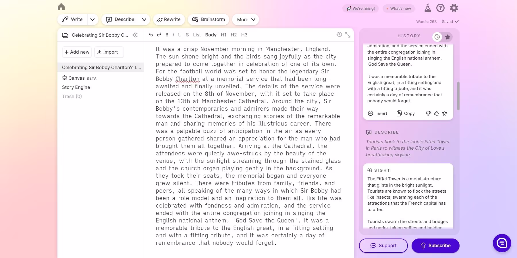 a screenshot showing sudowrite in action