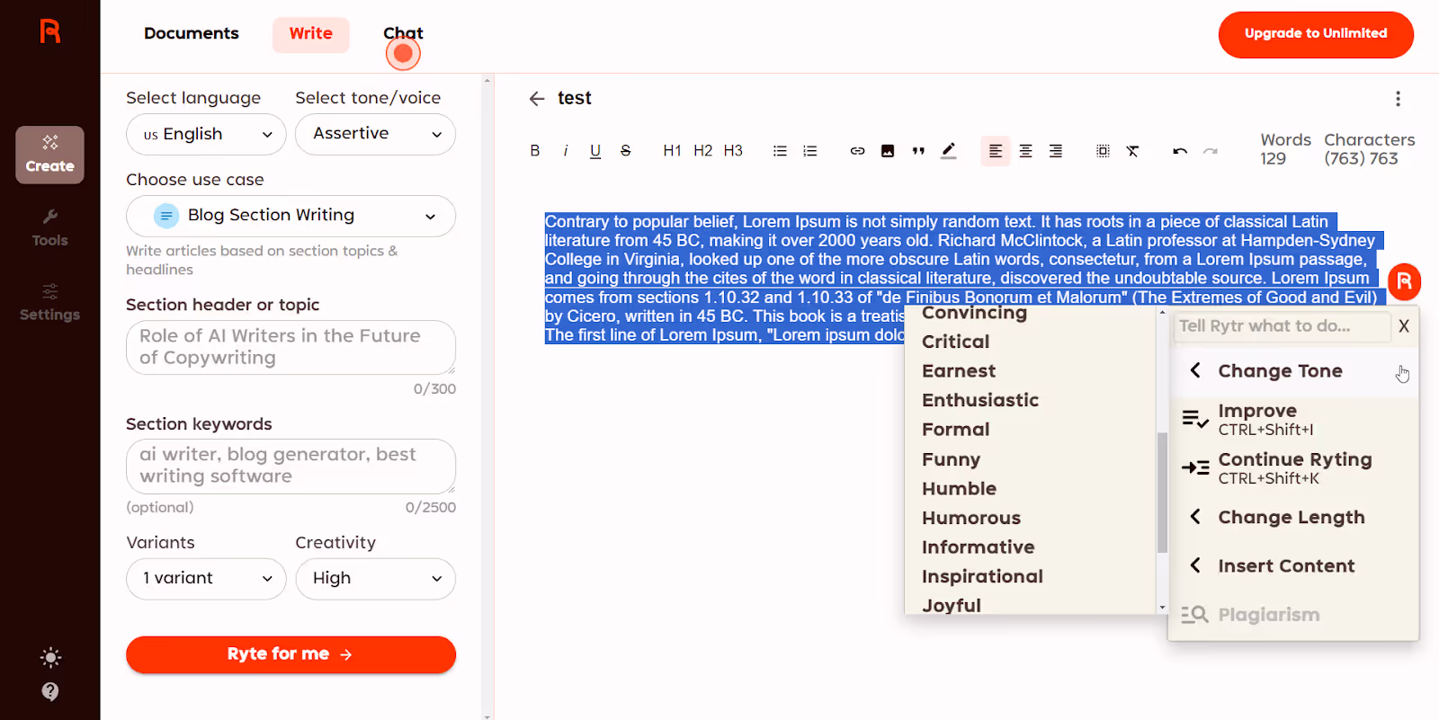 A screenshot of Rtyr, showing a document being edited and its tone being adjusted with AI