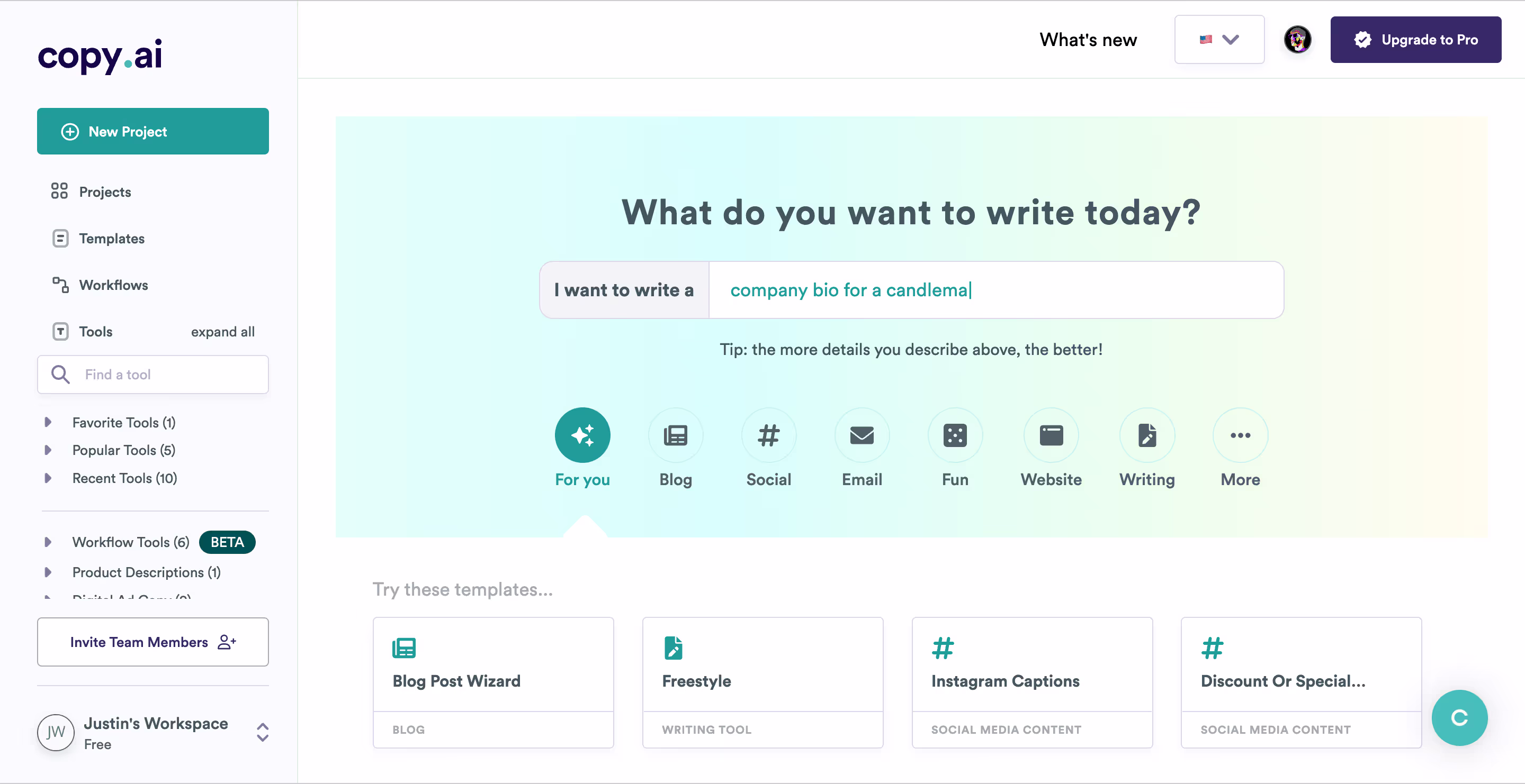 a screenshot showing copy.ai in action