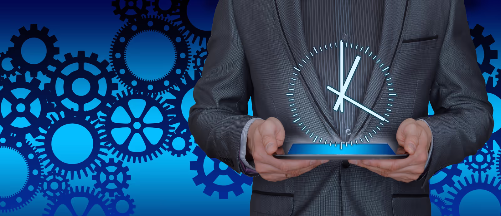 A man is holding a clock among a background of gears
