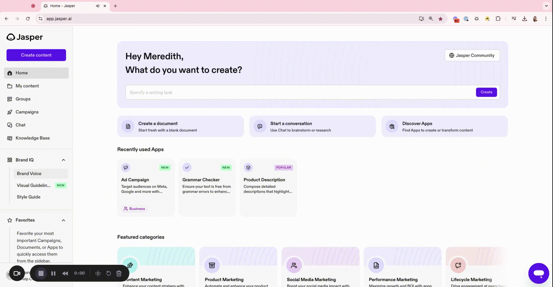 An screen capture showing Jasper.ai's interface in action