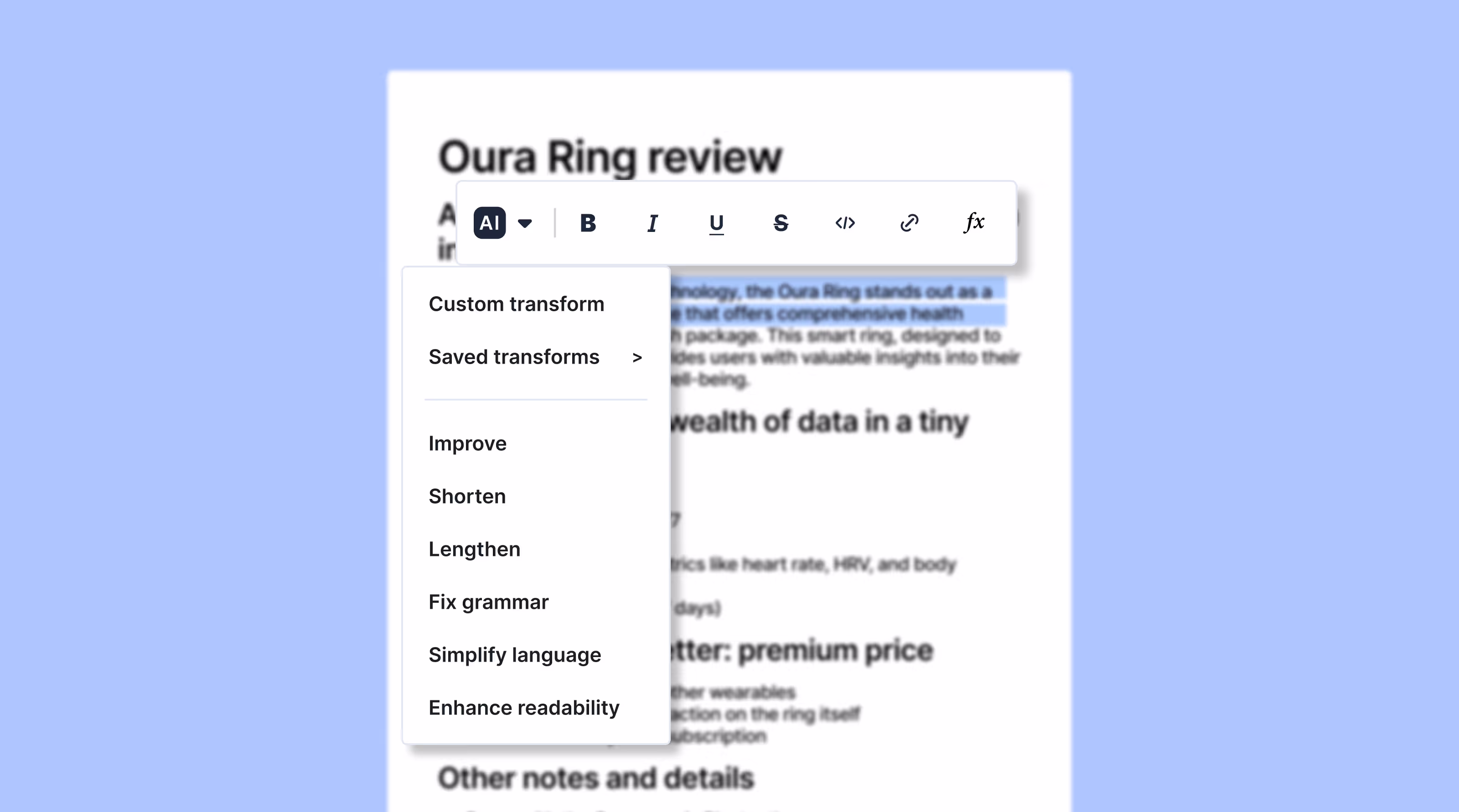 Type's AI rewriting tools. They include Brushes such as "Improve," "Shorten," "Lengthen," and "Fix grammar." 