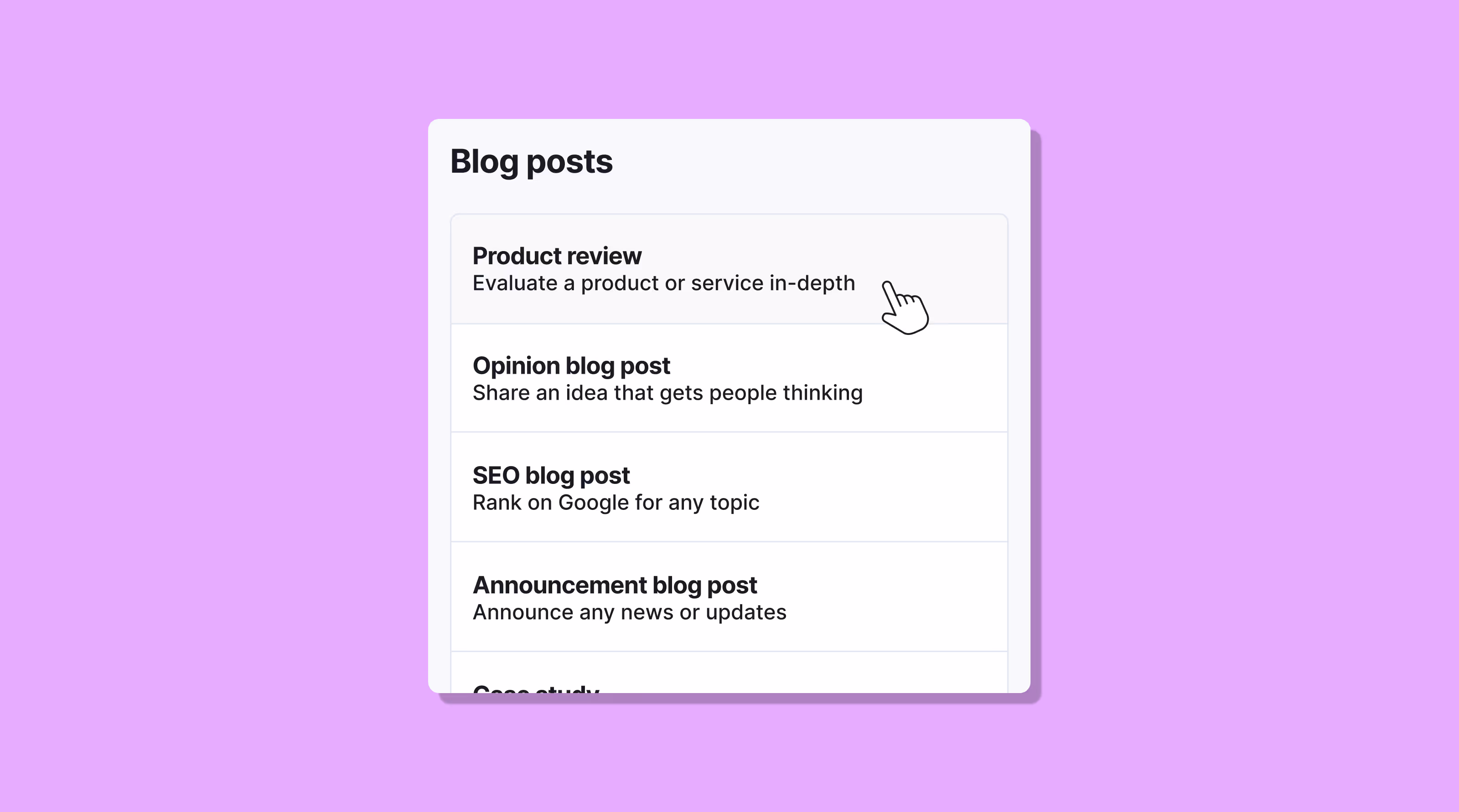 A pop-up menu from Type's writing template library. The "blog post" category contains templates and examples for a product review, opinion blog post, SEO blog post, and announcement blog post.