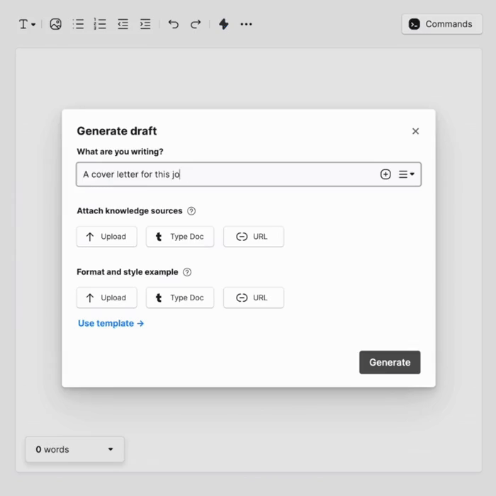 An animation showing how to create a template-based draft in Type