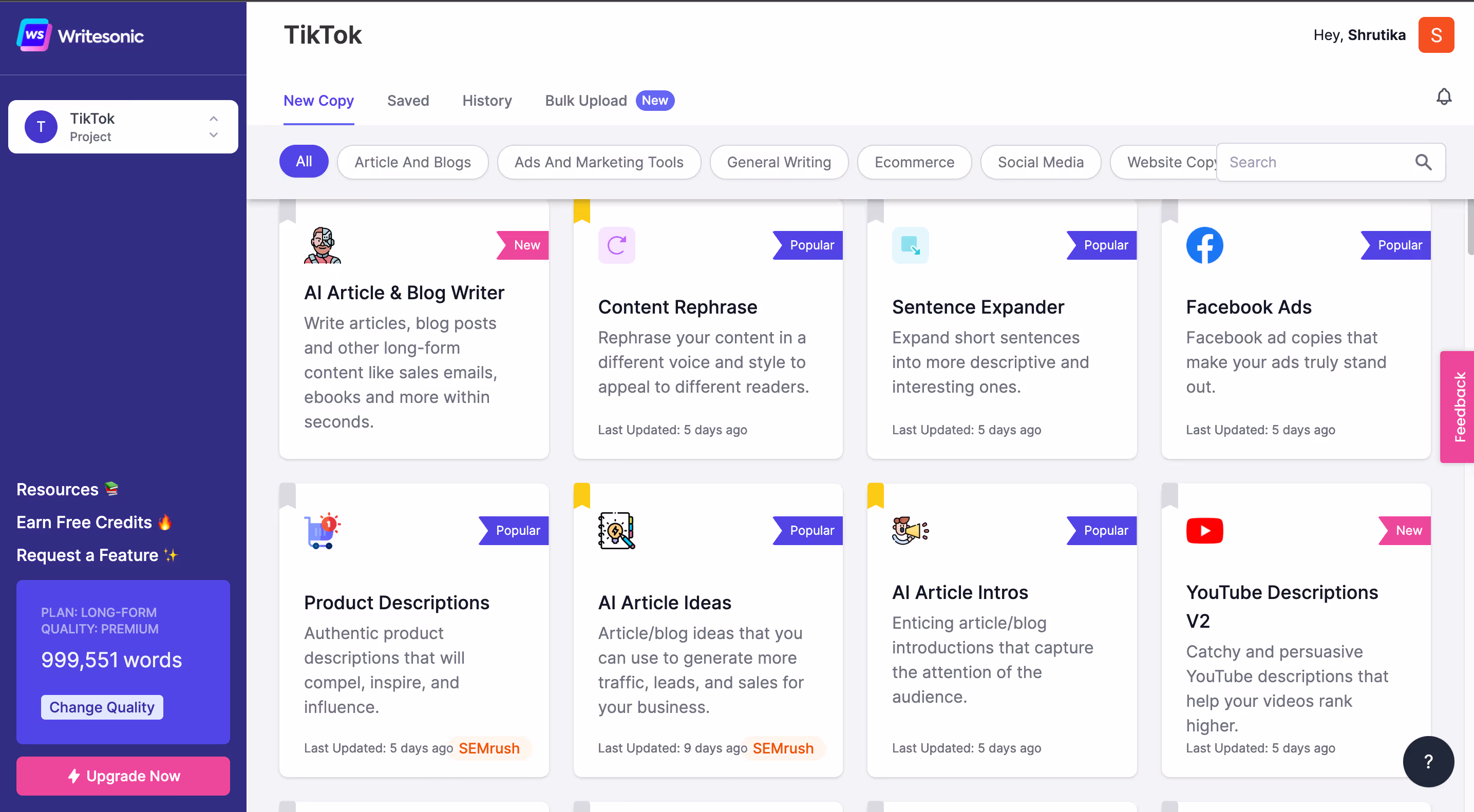 A screenshot of Writesonic's dashboard, showing different kinds of content it can assist with