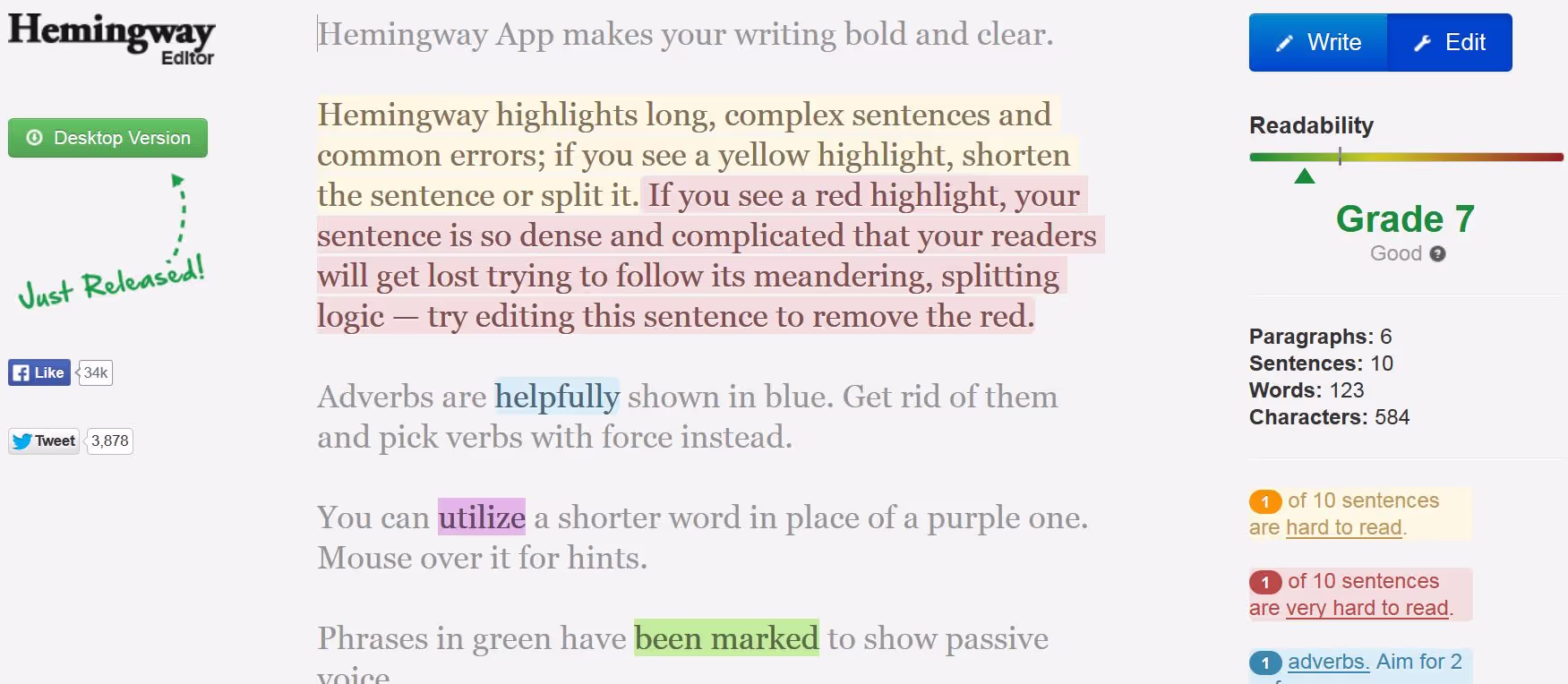 A screenshot of Hemingways main screen, showing a readability analysis for a document