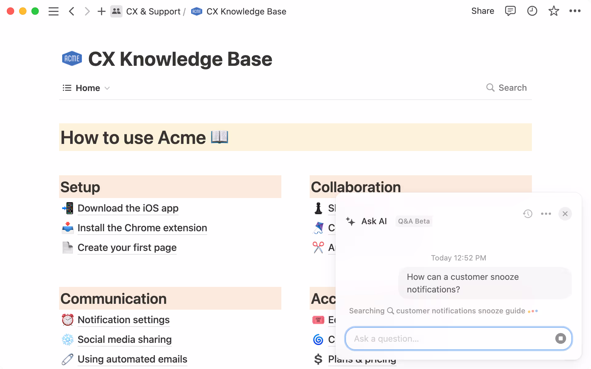 A screenshot of Notion showing a Knowledge Base template being built