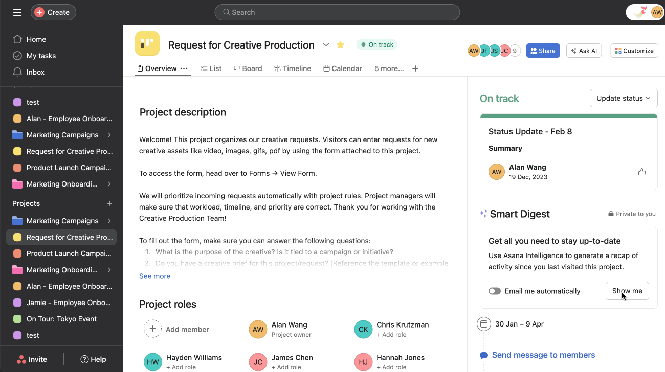 A screenshot of Asana showing its AI Project Summarizer