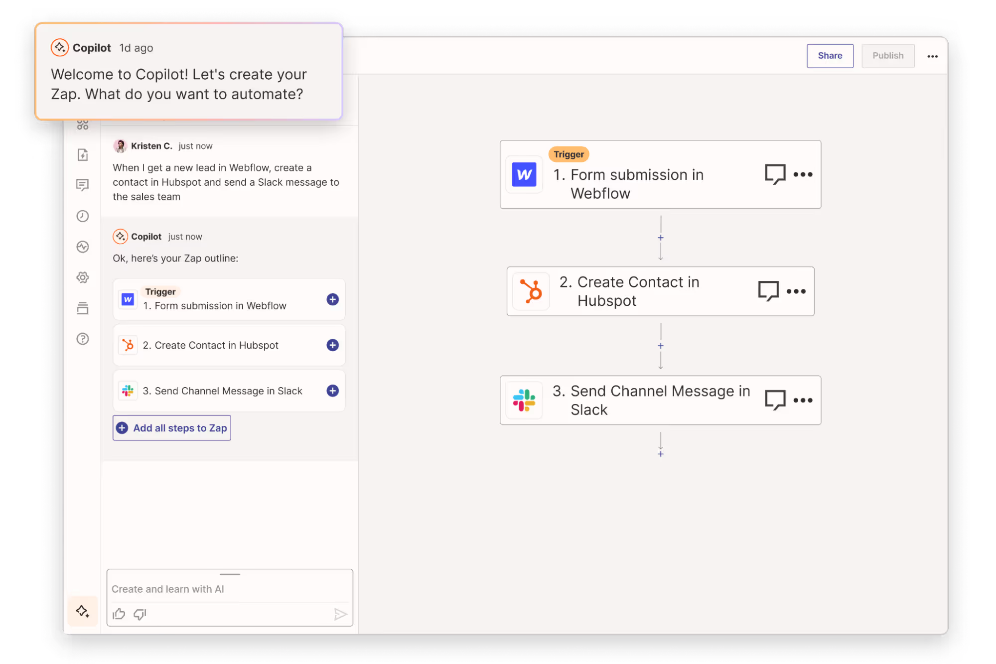 A screenshot of Zapier's AI copilot guiding a user through creating a "Zap"