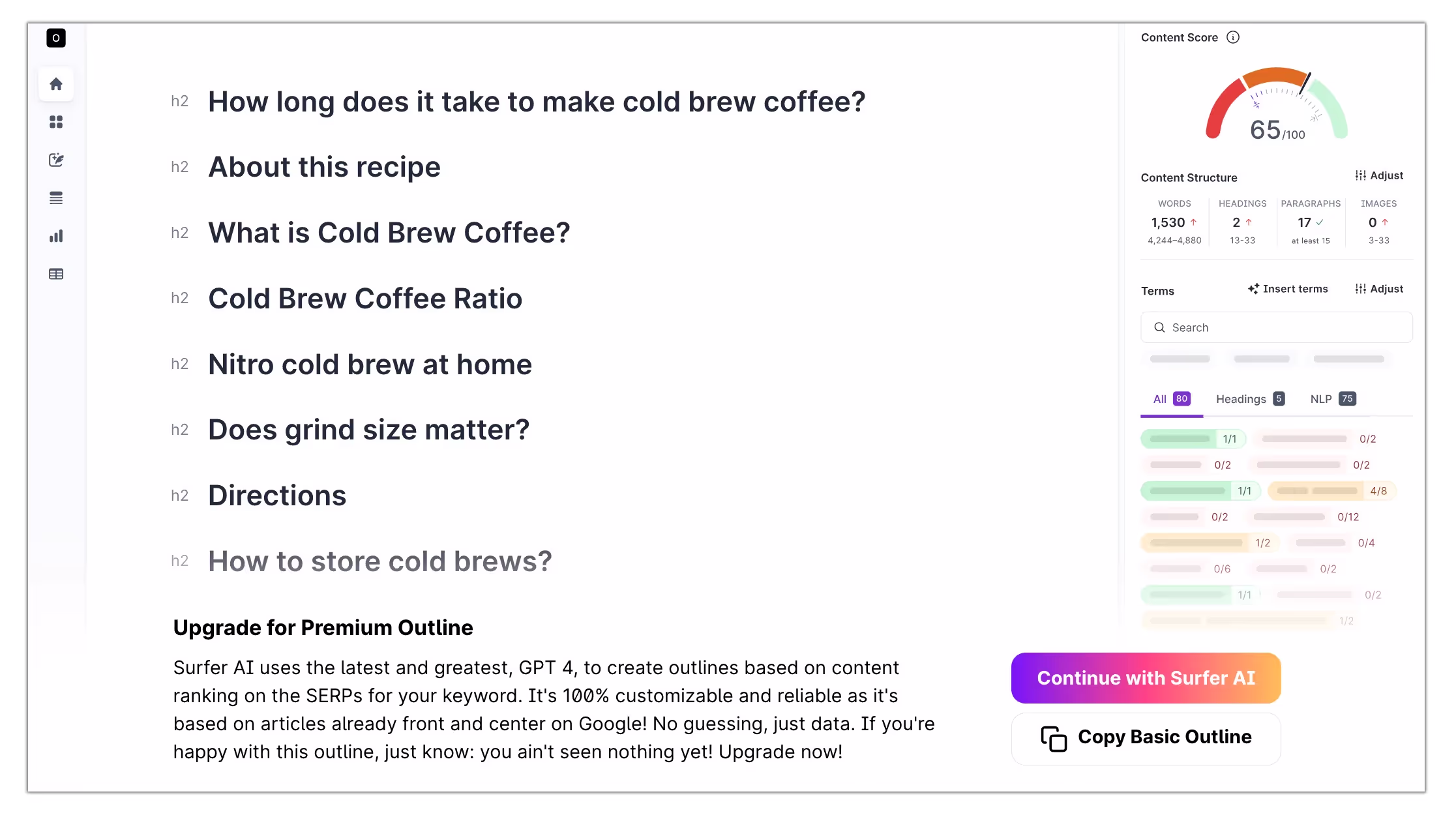 A screenshot of Surfer SEO's outline builder
