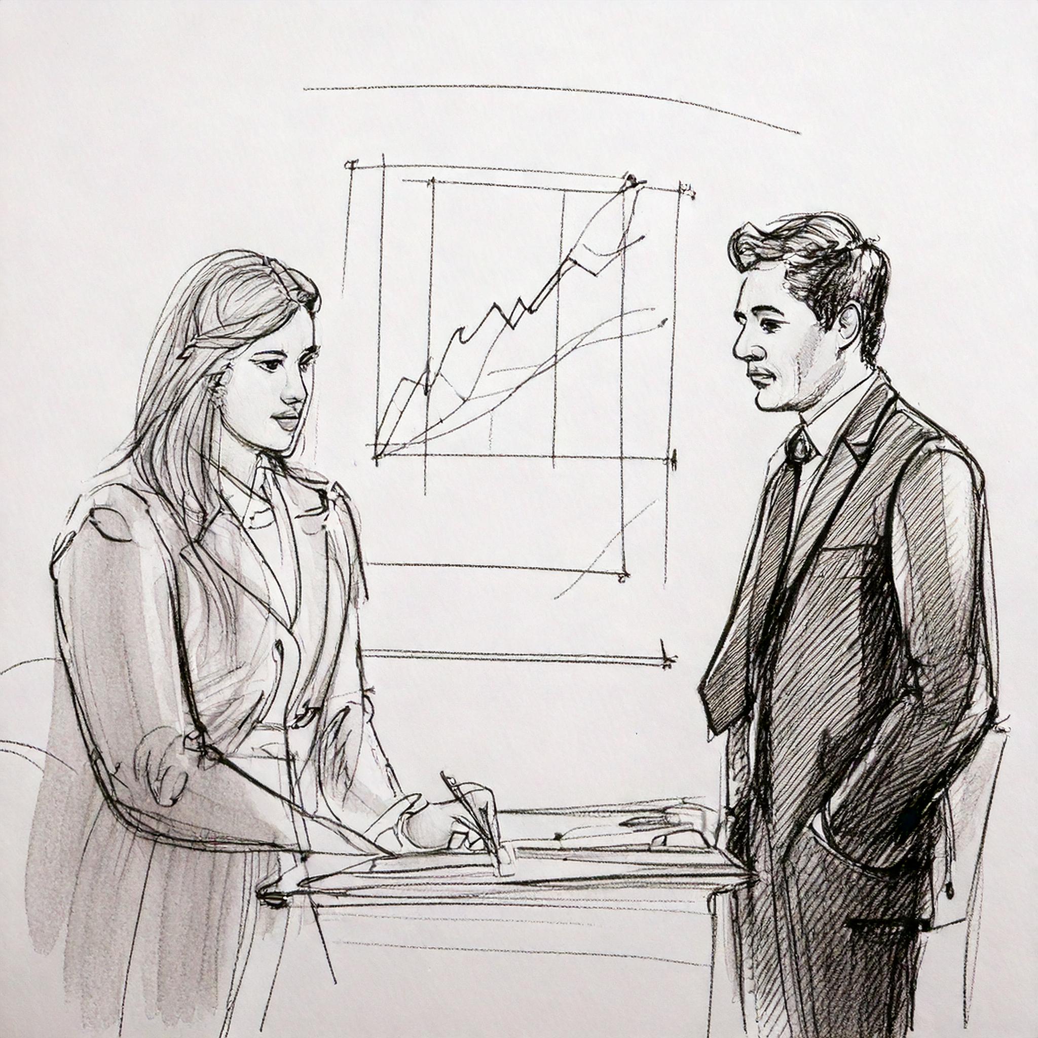 A sketch of two marketers going over data