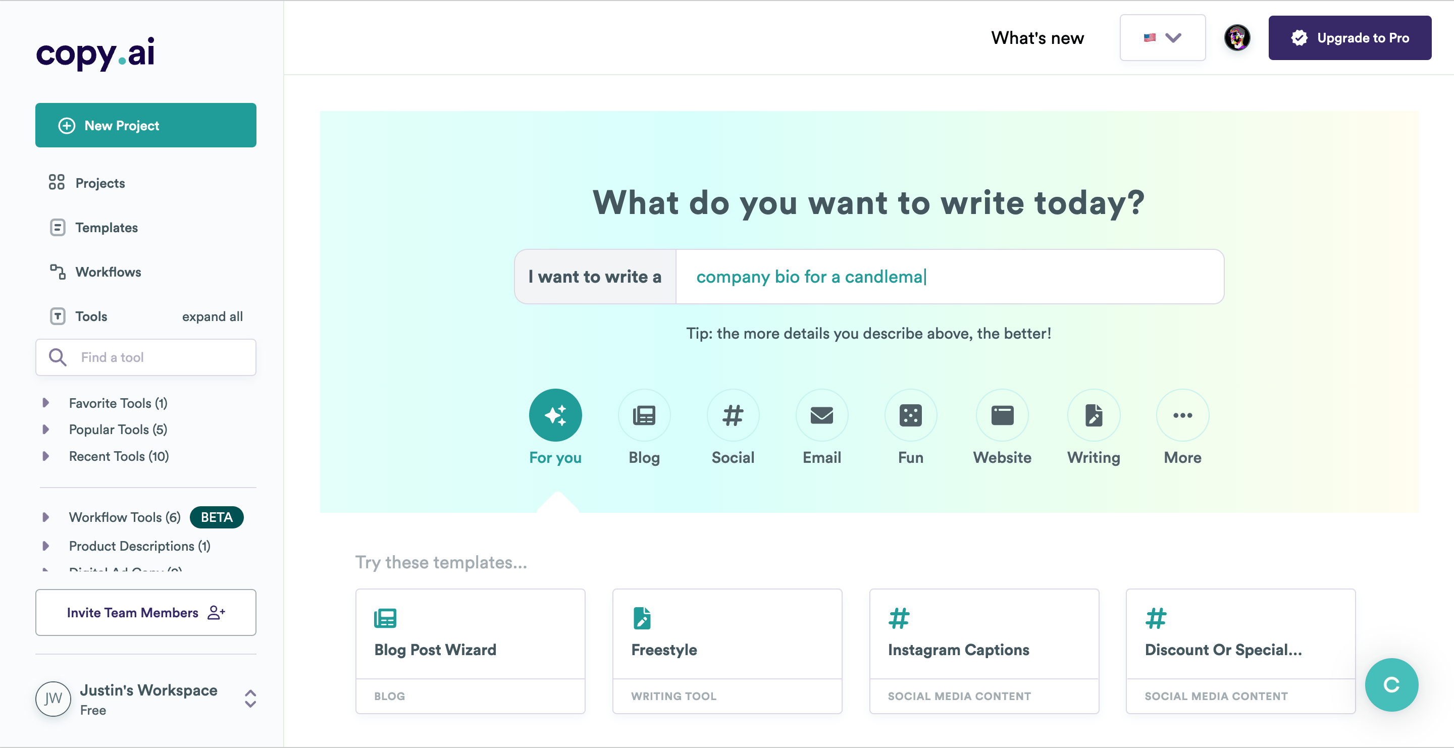 A screenshot of Copy.ai's main dashboard