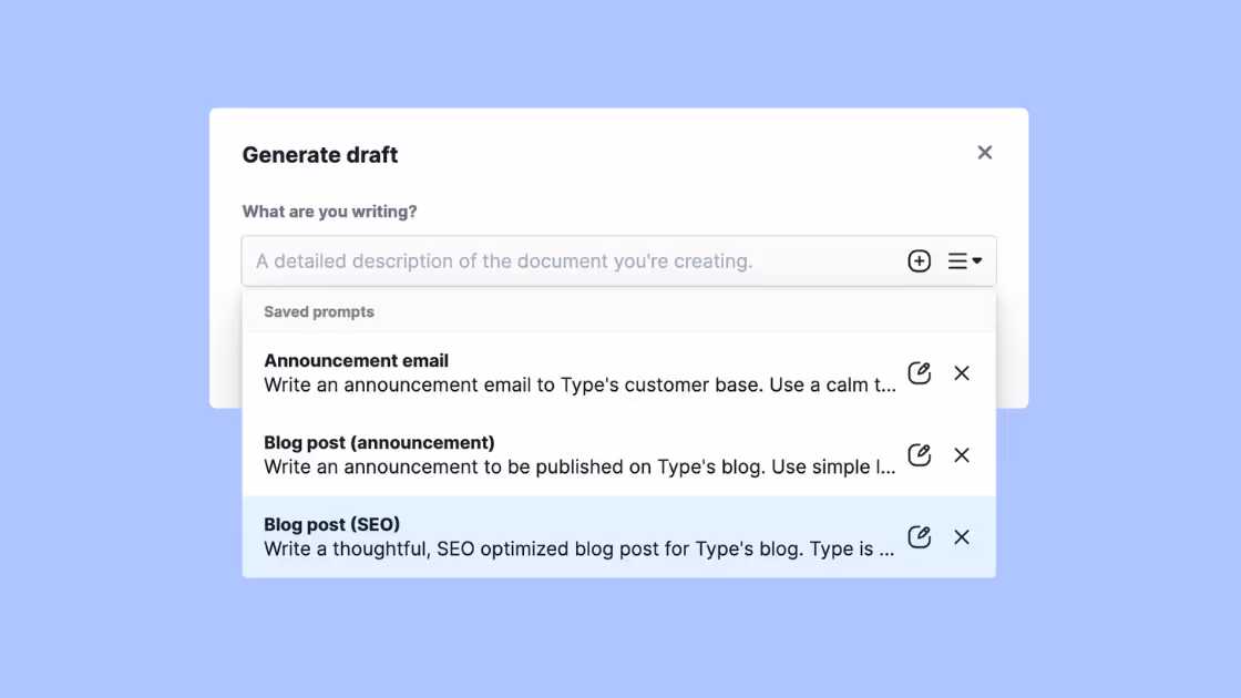 A screenshot showing a user's saved prompts within Type