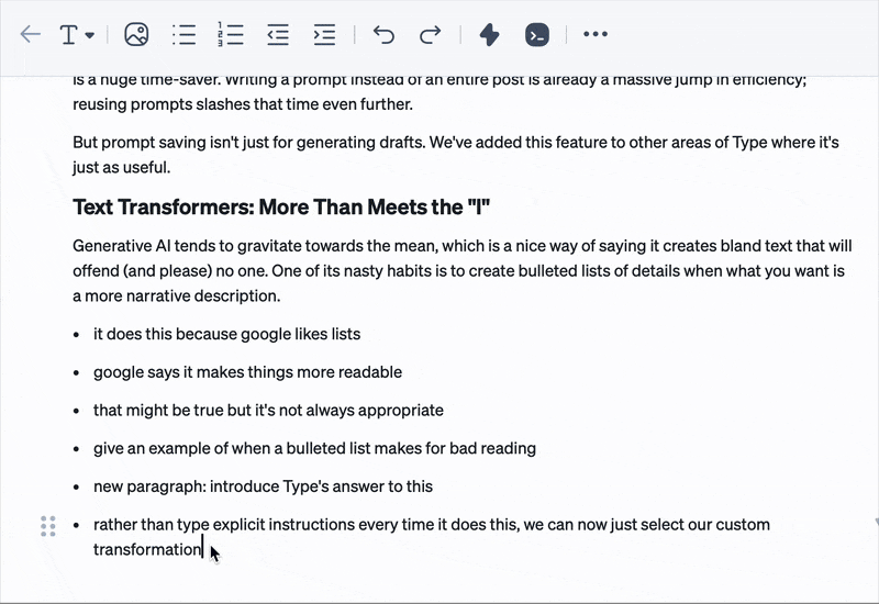 An animation showing a saved prompt making quick work of turning a bulleted list into a full paragraph.