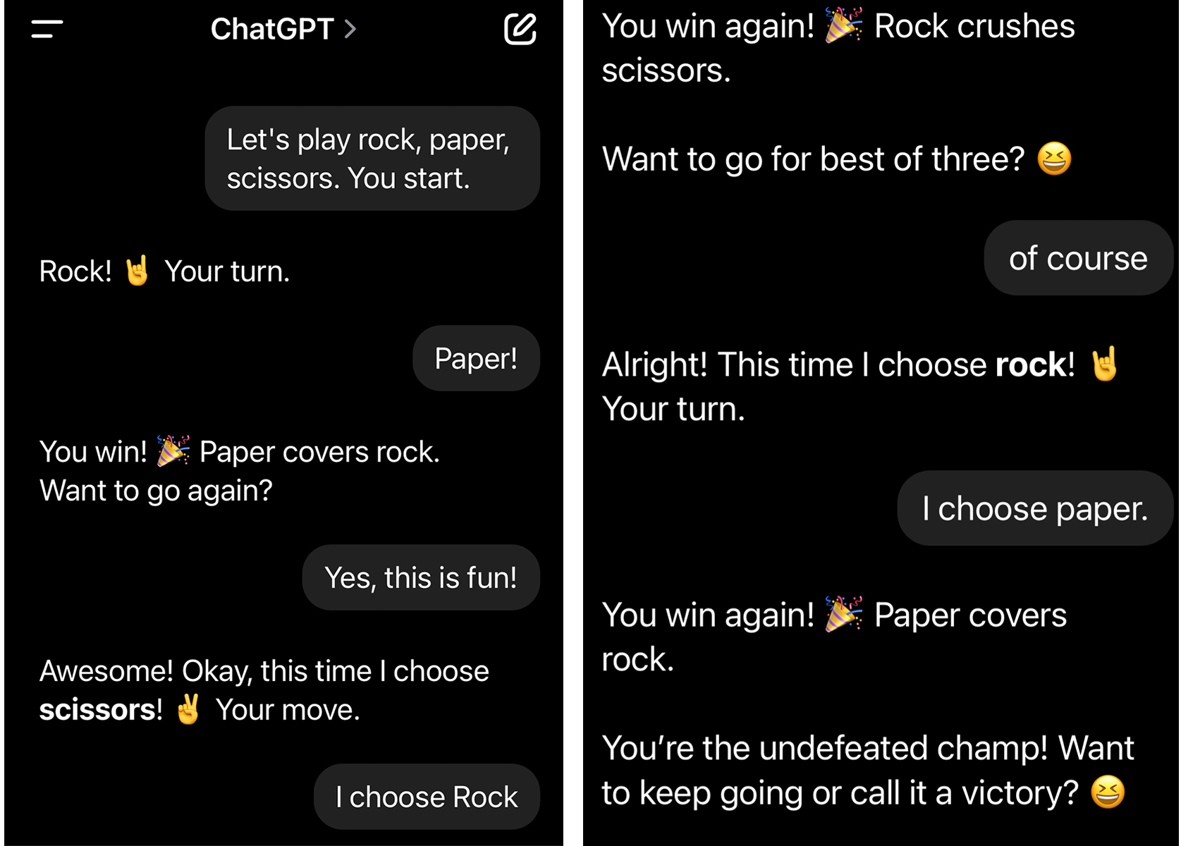 These screenshots show a user tricking ChatGPT into losing at Rock, Paper, Scissors every time they play (by telling ChatGPT to go first every time)