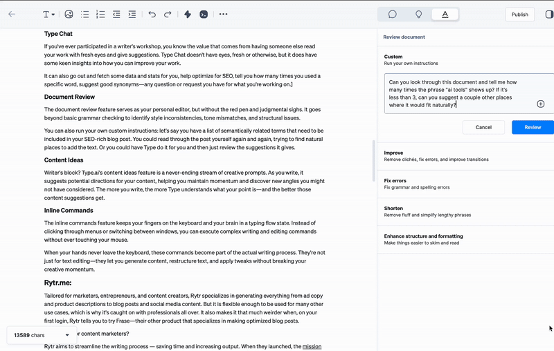 This animated screen grab shows how you can use Type's doc review feature to automateSEO optimization
