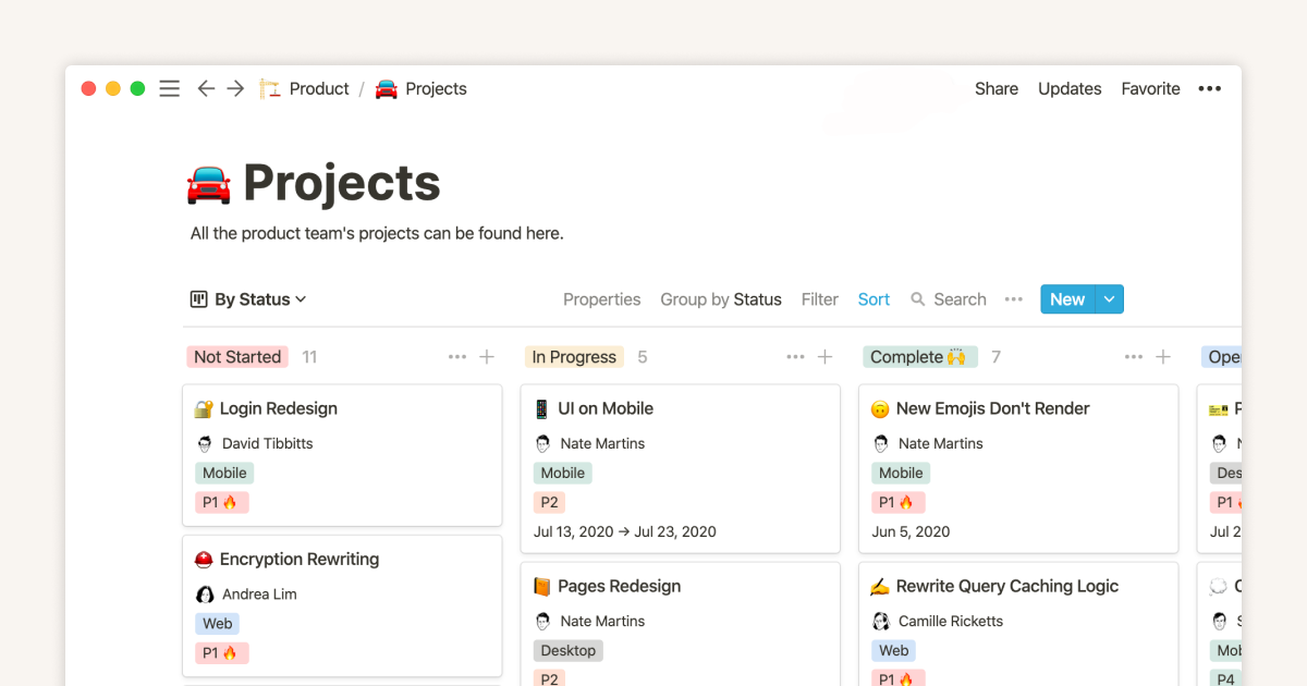 Notion's project dashboard