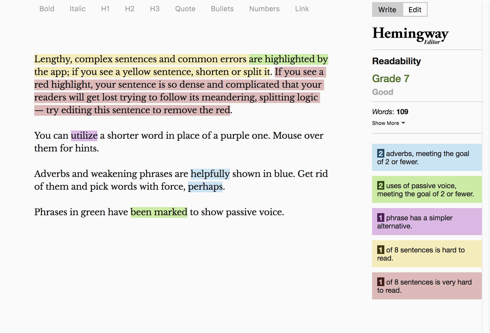 Hemingway highlights and color codes problematic sentences for revision