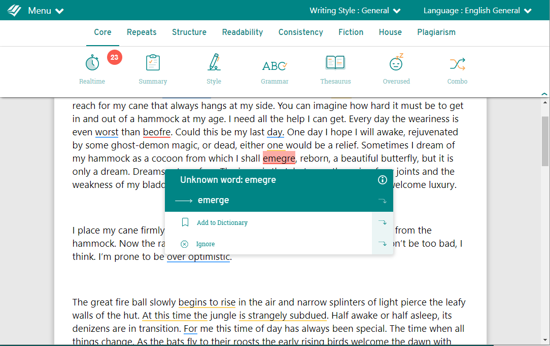 ProWriting Aid's main screen