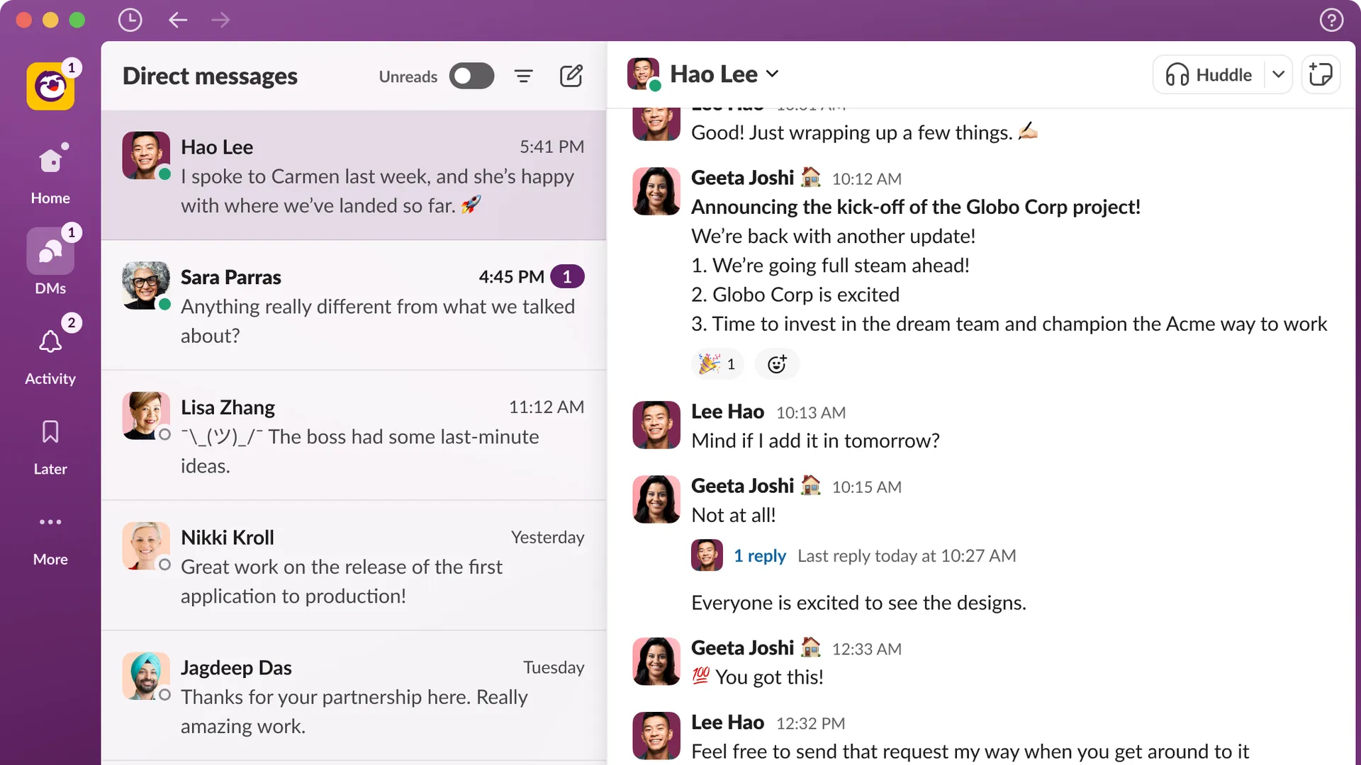 Slack's main screen for Direct Messages