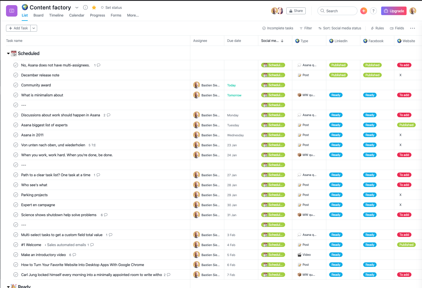 Easily understandable project management in Asana's list view