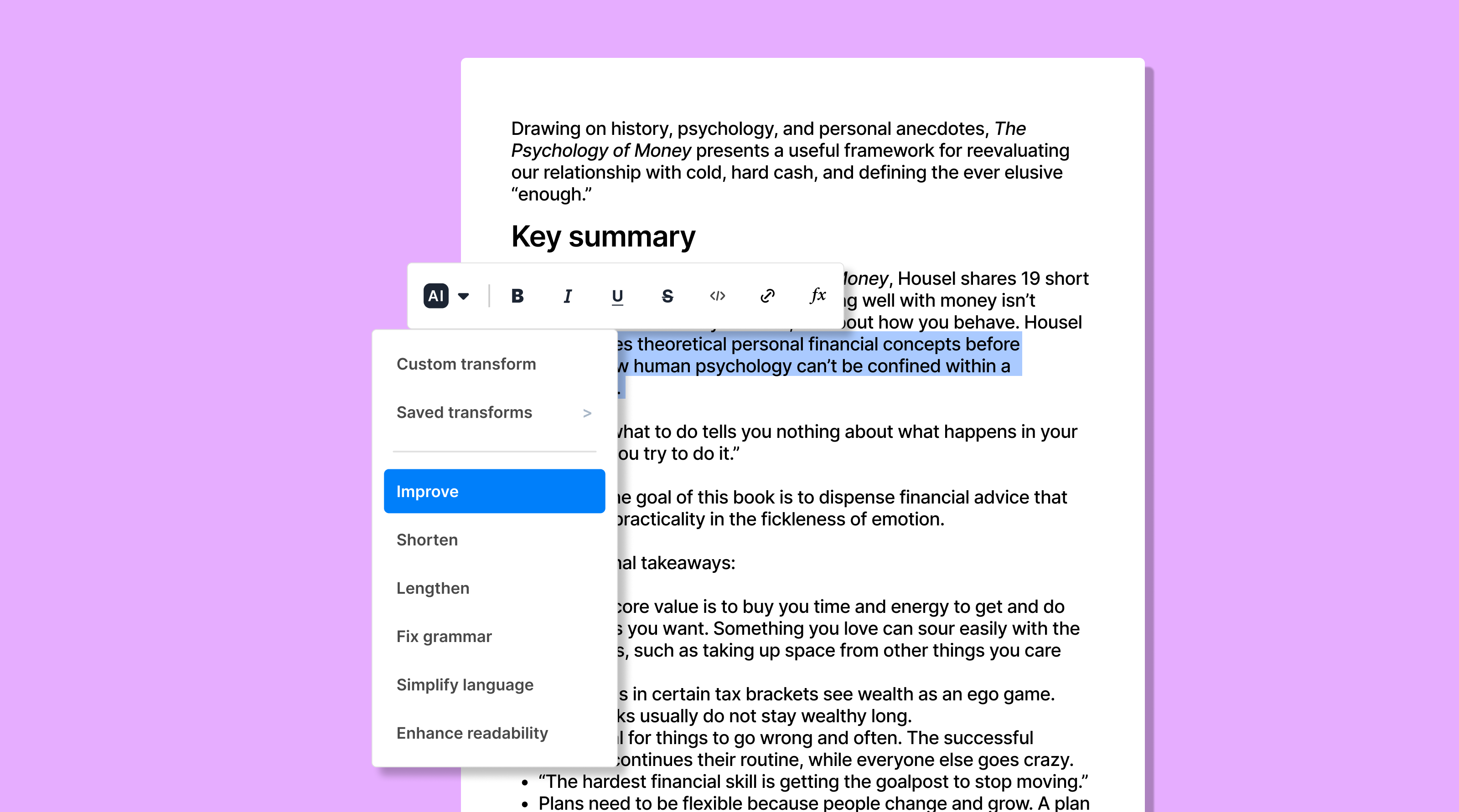 A pop-up menu that highlights text in a document and allows the writer to write and edit with AI.