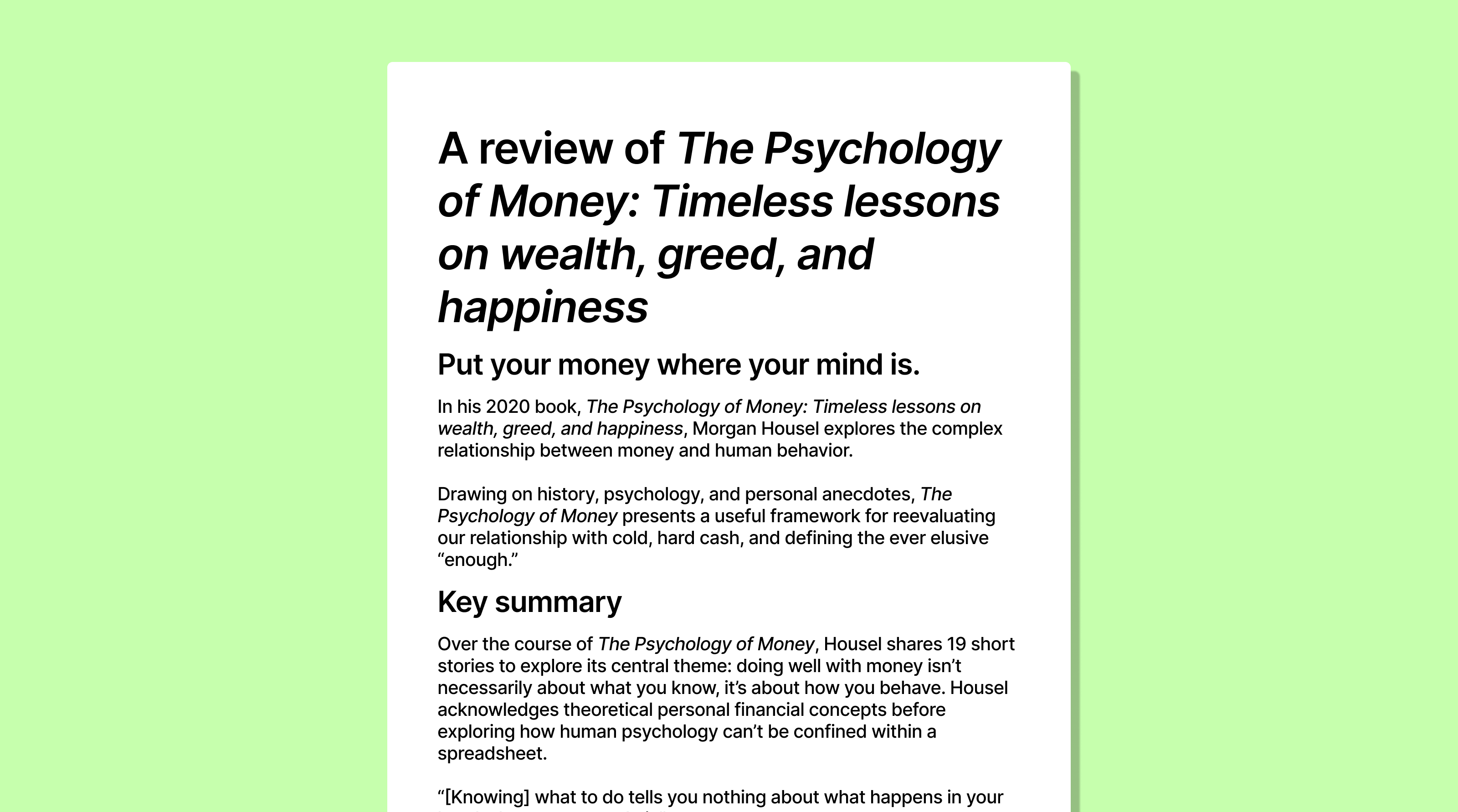 A book review template used to analyze Morgan Housel's "The Psychology of Money."